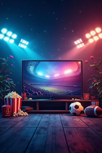 Fernseher mit beleuchtetem Stadion in einem gemütlichen Entertainment-Bereich